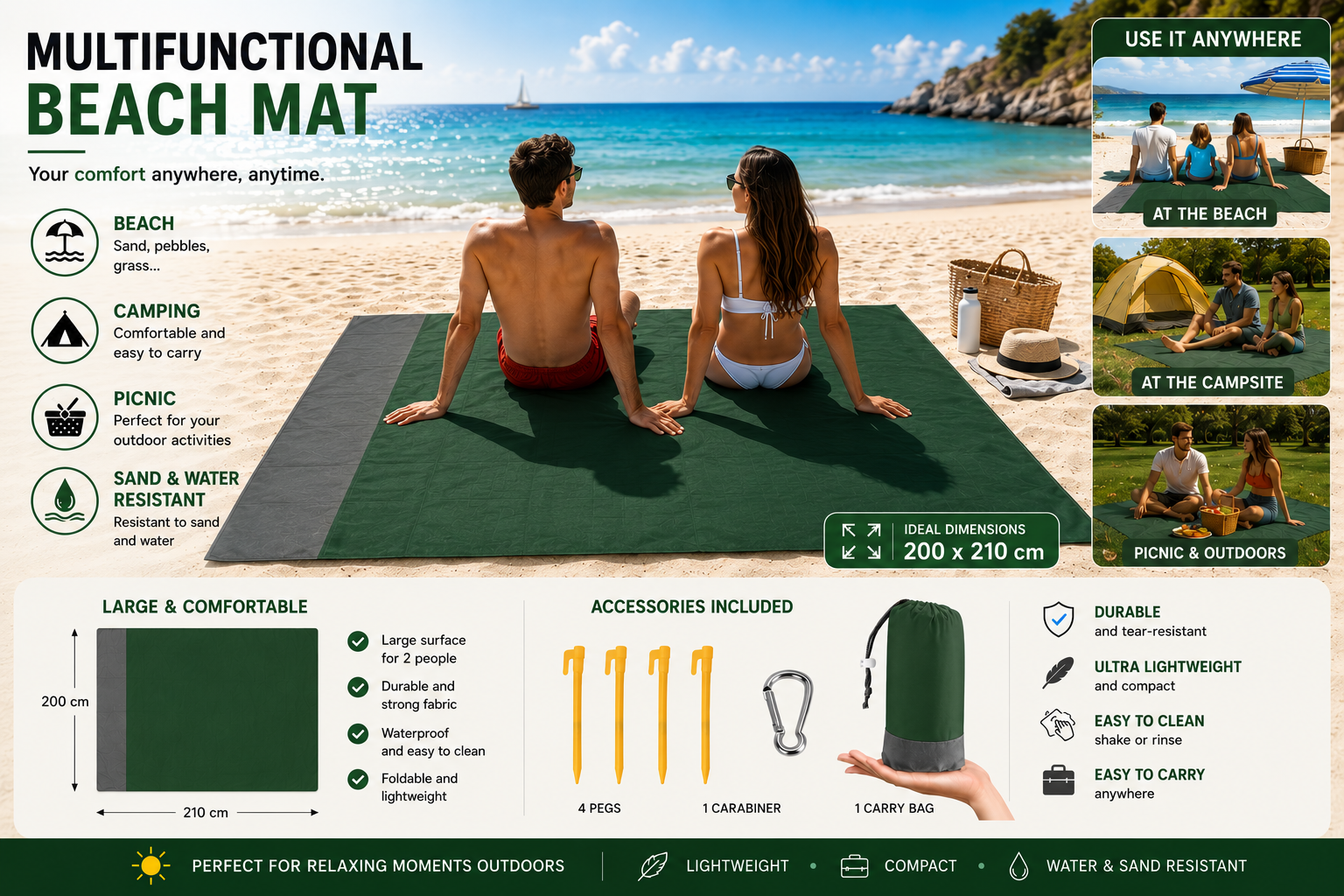 Palmora™ | Tapis de plage anti-sable imperméable