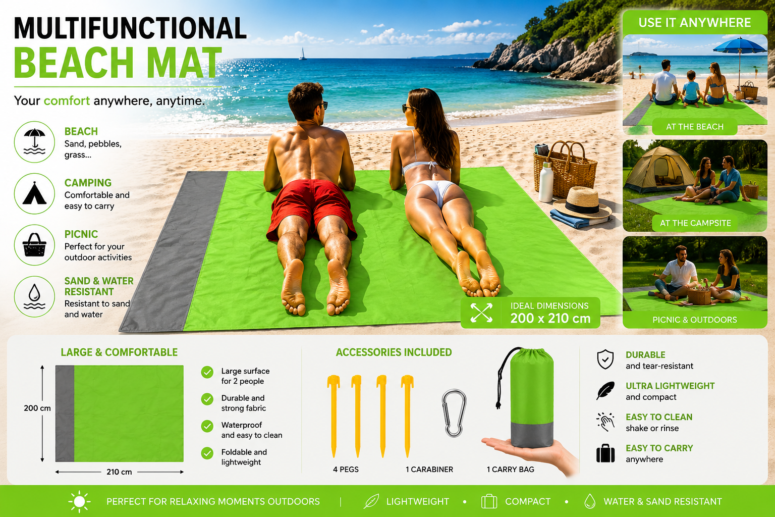Palmora™ | Tapis de plage anti-sable imperméable